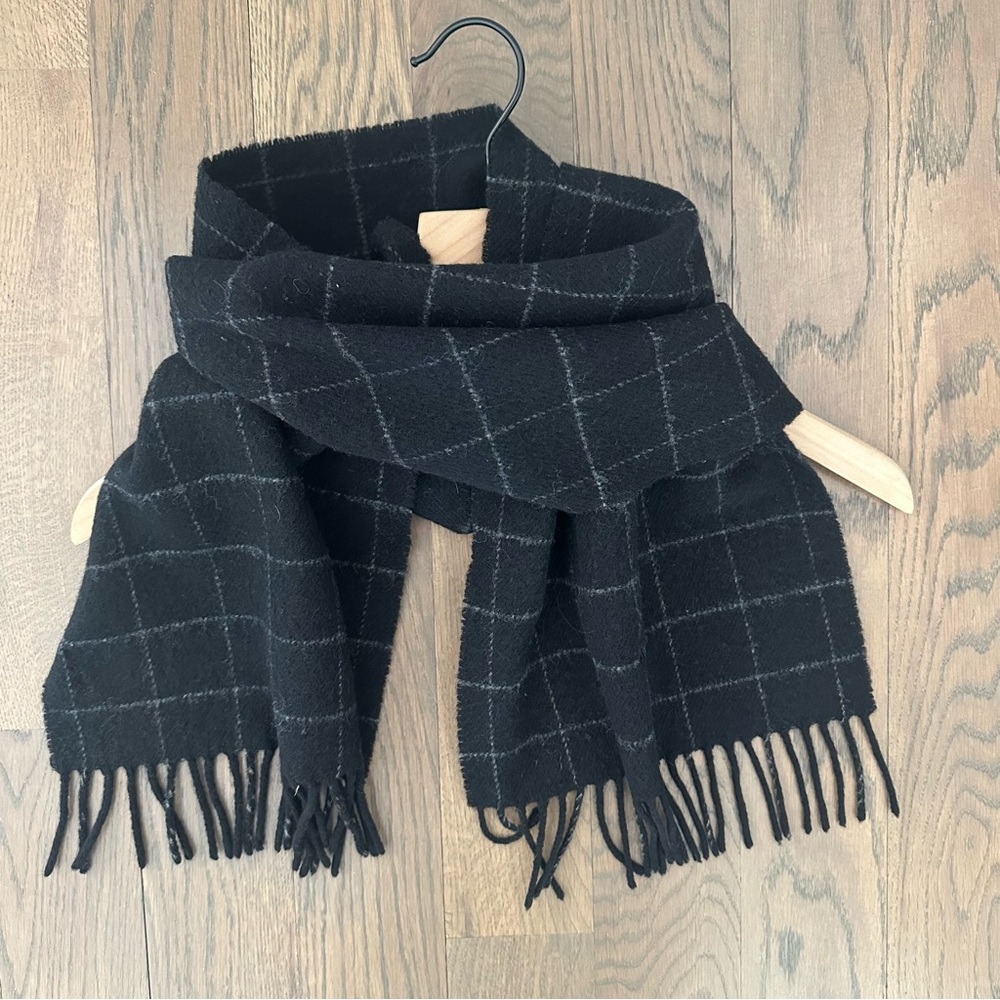 Vintage Polo Ralph Lauren Windowpane Plaid Wool Oblong Scarf Black and Grey 62"l